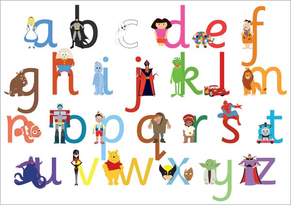 A3 Children’s TV / Film Character Alphabet – Lowercase