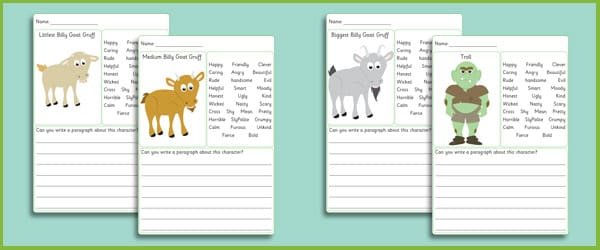 Three Billy Goats Gruff Character Writing Frames