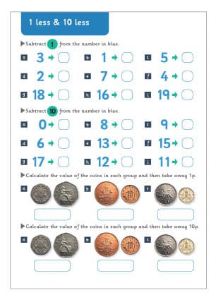 ‘1 Less’ and ’10 Less’ Maths Worksheet