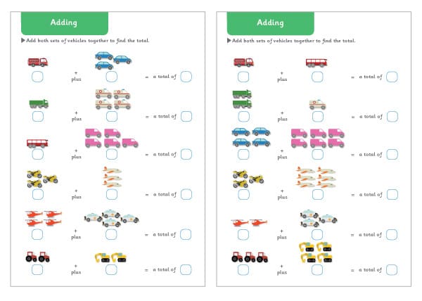 Vehicle Themed Adding Worksheets