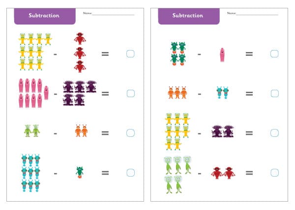 Alien Subtraction Worksheets