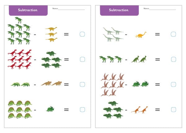 Dinosaur Subtraction Worksheets