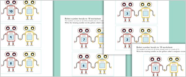 Robot Number Bonds to 10 Worksheets