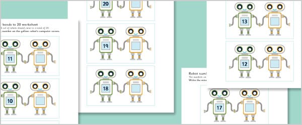 Robot Number Bonds to 20 Worksheets