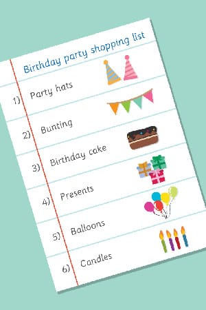 Birthday Party Role-Play Shopping List