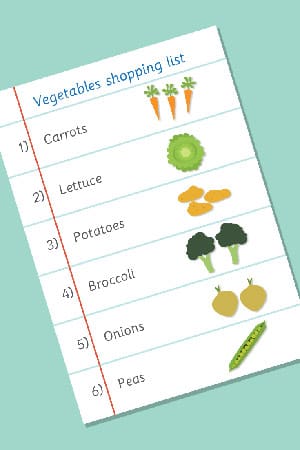 Fruit and Vegetables Role-Play Shopping List
