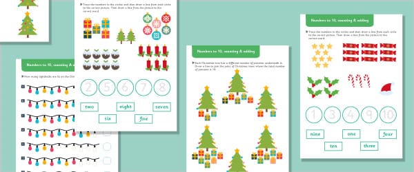 Christmas KS1 Maths Worksheets: Numbers to 10, Counting & Adding