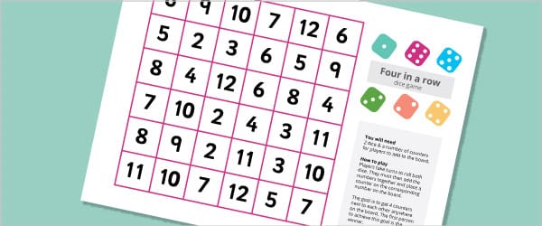 Dice Addition Game - 4 In A Row