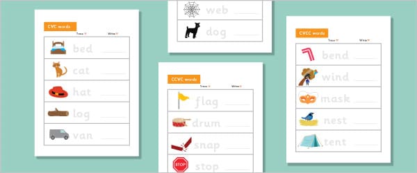 CVC, CCVC & CVCC Writing Worksheets